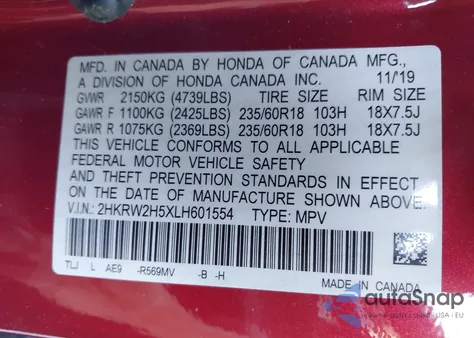 2020 Honda Cr-V Awd Ex z USA, uszkodzony, nr VIN 2HKRW2H5XLH601554